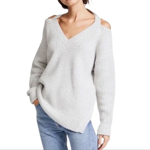 Monrow Women's Slash Shoulder Waffle Knit Sweater Cold Shoulder Grey XS - Picture 1 of 8